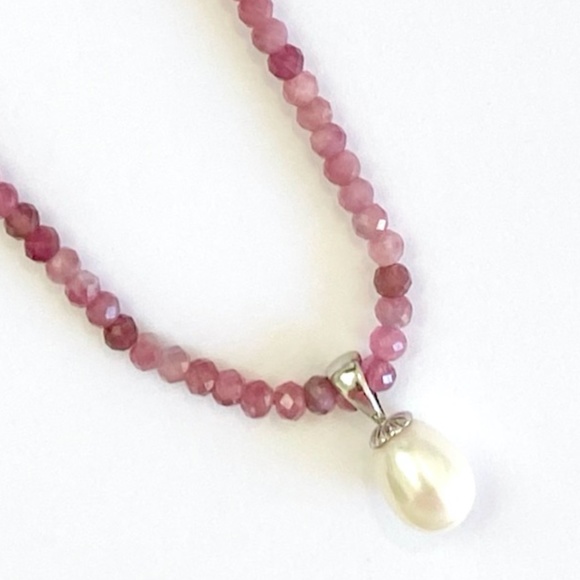 Pink Tourmaline, 14k White Gold Pearl Pendant Necklace - Picture 3 of 4